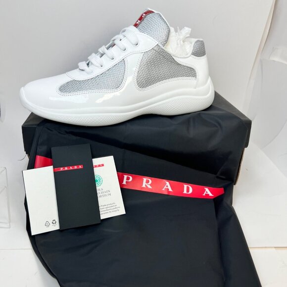 Prada Americas Cup Sneakers Women Bianco Argento Patent Leather Sneakers Size 40 - Picture 9 of 13